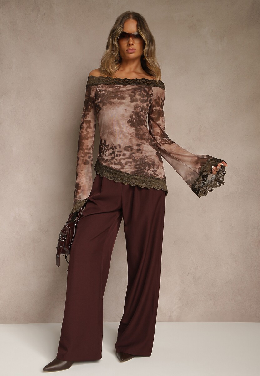 Brązowa Bluzka Siateczkowa Typu Hiszpanka z Bawełną i Wiskozą  z Koronką Nurriva