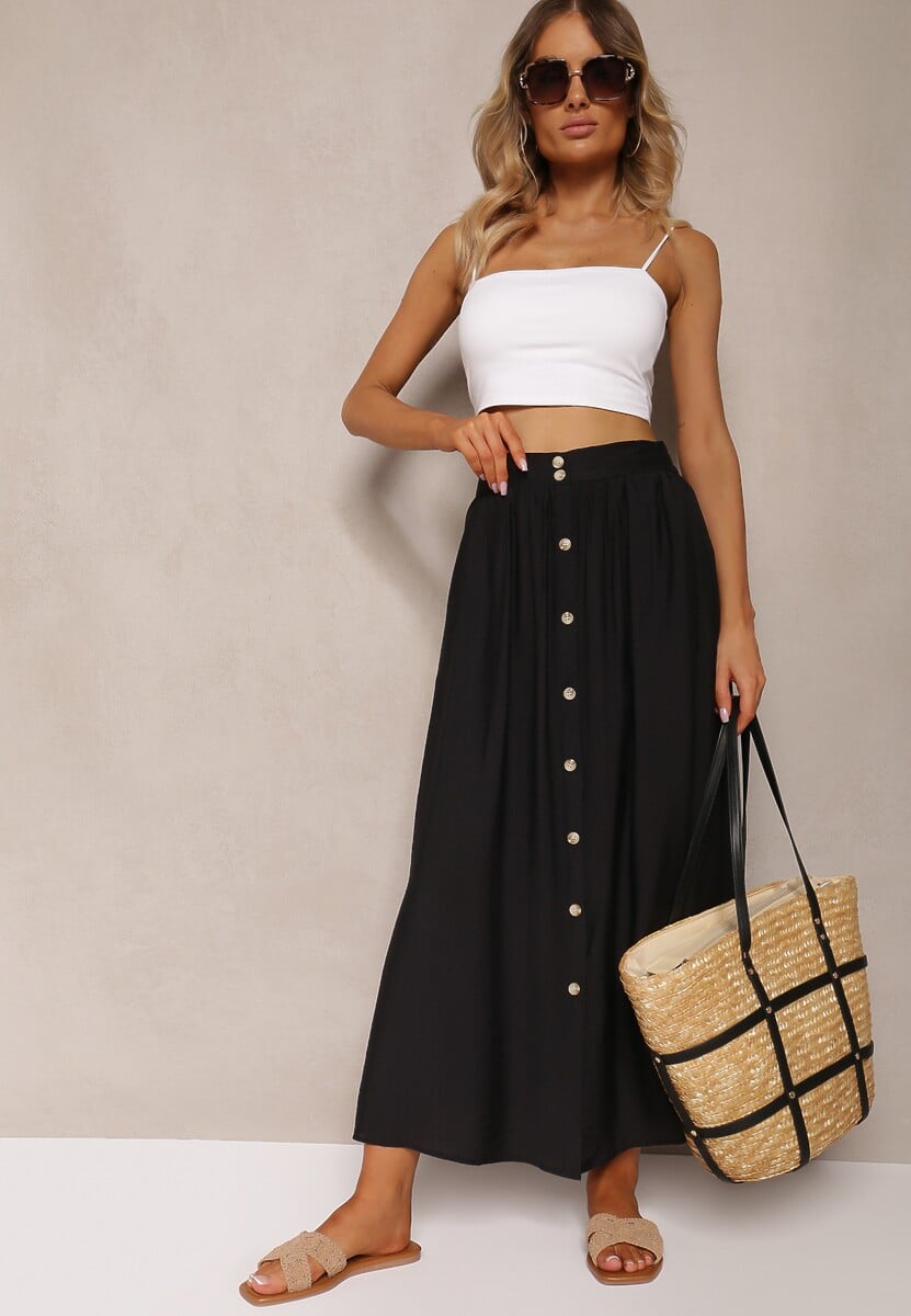 Czarna Wiskozowa Spódnica Rozkloszowana z Lnem Ozdobiona Guzikami Namsila