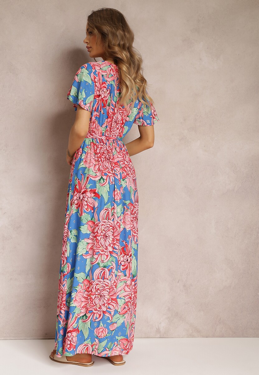 Niebiesko-Różowa Wiskozowa Sukienka Maxi z Kopertowym Dekoltem z Gumką w Talii Lynette