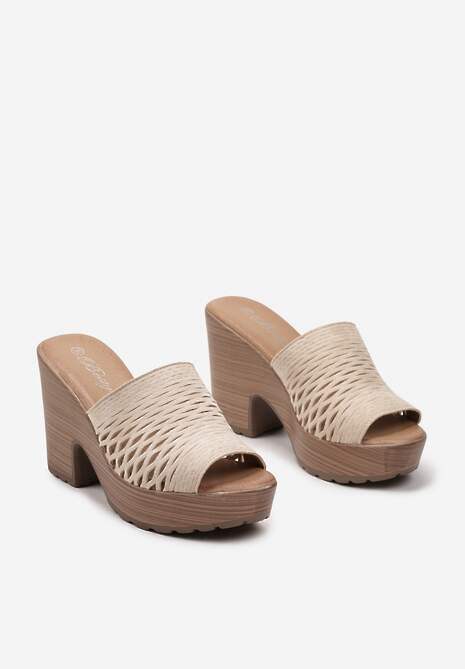 Beżowe Ażurowe Klapki Chodaki na Platformie i Słupku Sabinna