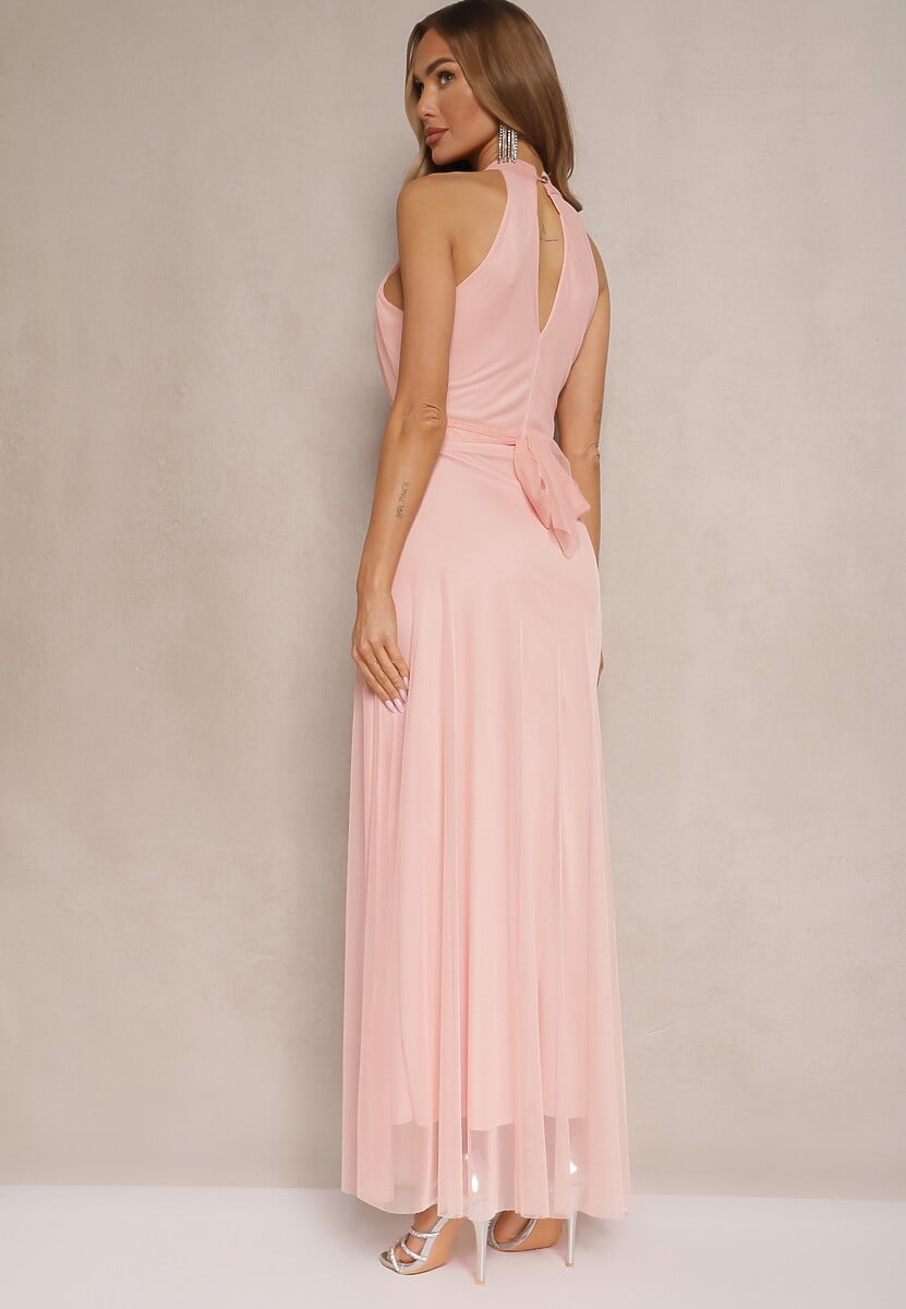 Różowa Sukienka Koktajlowa z Siateczką Wiązana Materiałowym Paskiem ze Stójką Nestassi