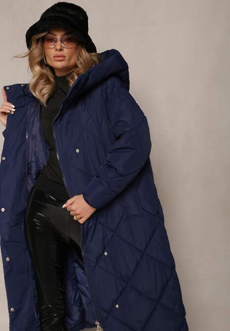 Granatowa Pikowana Kurtka Płaszcz za Kolano z Kapturem Kinassan