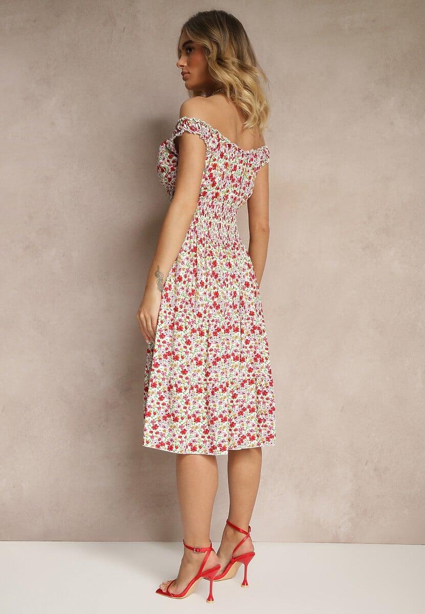 Biało-Różowa Bawełniana Sukienka z Guzikami o Rozkloszowanym Kroju w Kwiatowy Print Roniselle