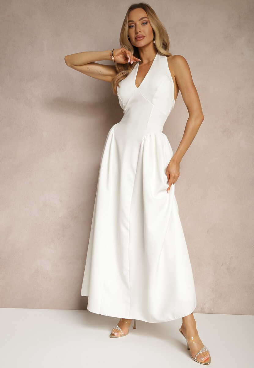 Biała Rozkloszowana Sukienka Halter z Wiązaniem i Odkrytymi Plecami Senicce