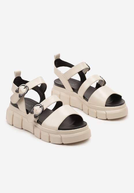 Beżowe Sandały z Ekoskóry Zapinane Wokół Kostki na Grubej Podeszwie Zadora