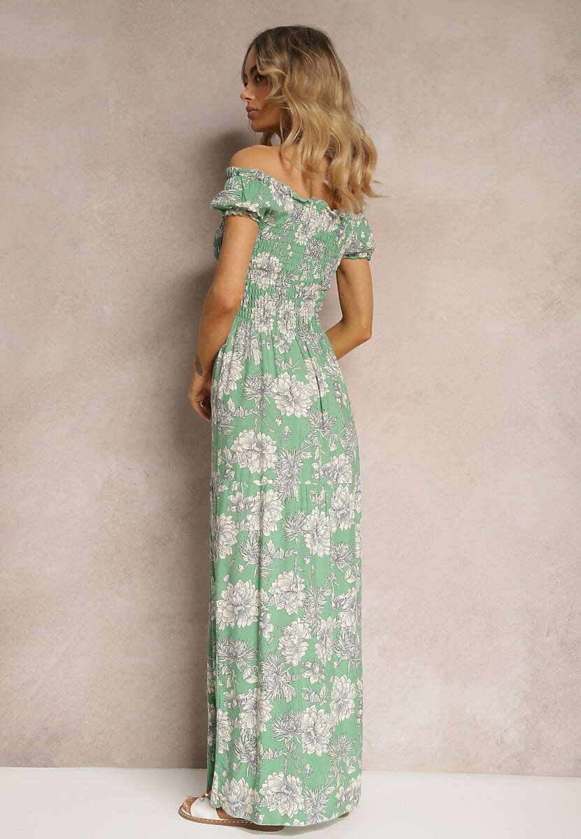 Zielona Wiskozowa Sukienka Hiszpanka z Marszczoną Górą Zimbia