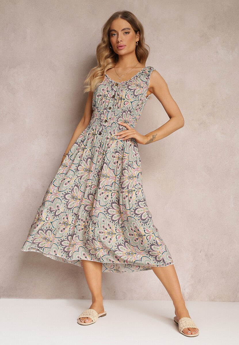 Miętowo-Brązowa Kwiecista Sukienka Midi z Cienkimi Gumkami w Talii i Falbankami Jallia