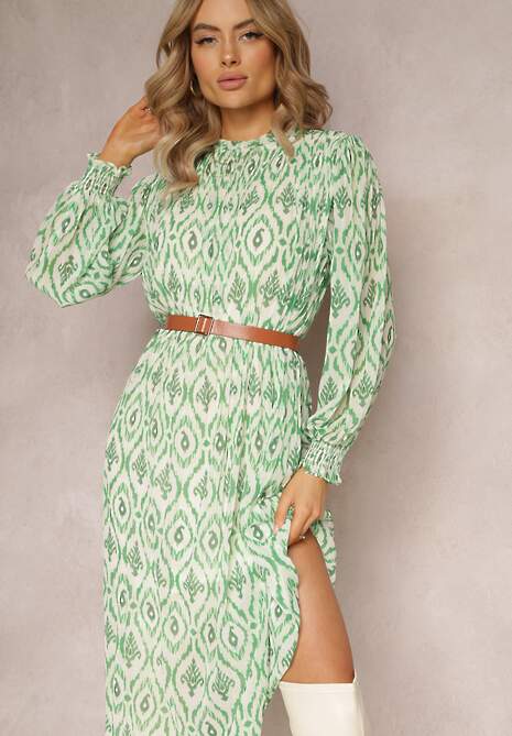 Zielona Sukienka w Etno Wzór z Paskiem i Plisowaniem Dorisia