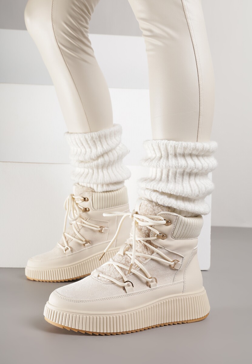 Beżowe Śniegowce Trapery Vices na Płaskiej Podeszwie z Futerkiem w Stylu Baranka ze Sznurowaniem Temirits