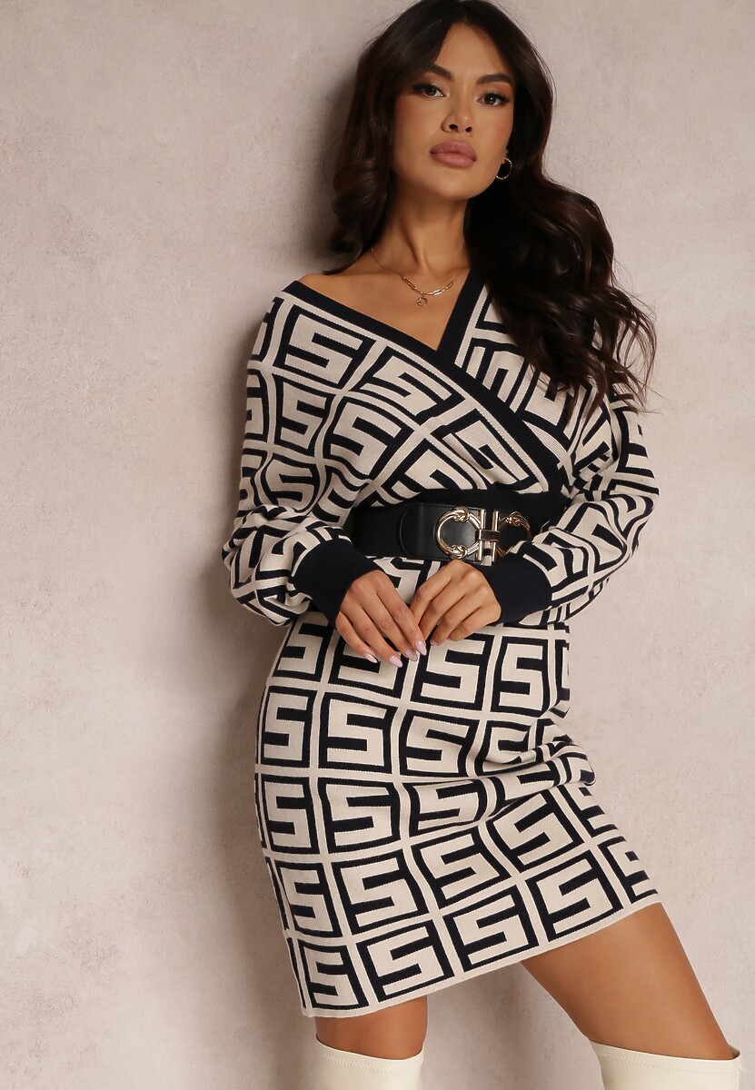 Jasnobeżowa Sukienka Wełniana w Geometryczny Wzór Hamu