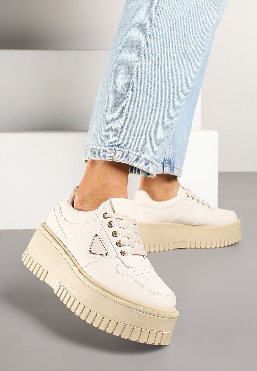 Beżowe Sneakersy na Platformie z Tłoczeniem Halinea