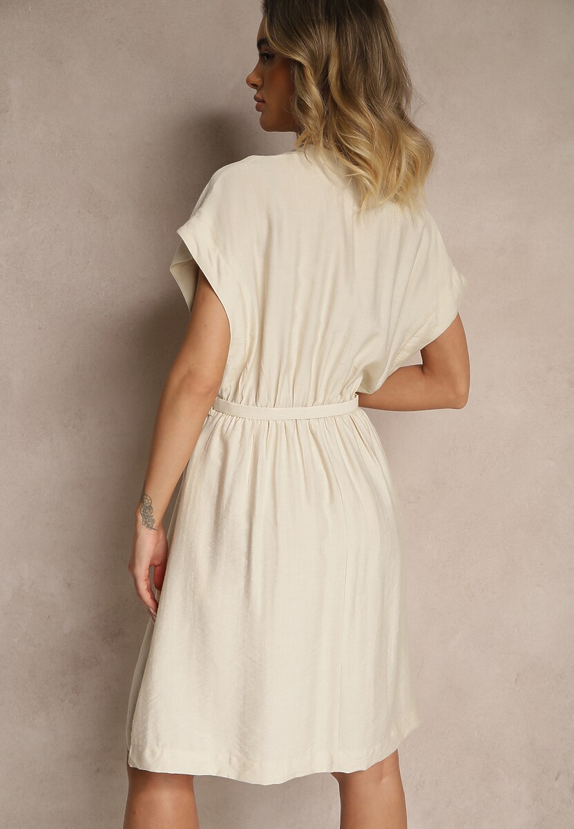 Beżowa Rozkloszowana Sukienka z Wiskozy z Paskiem Zapinana na Napy Seporine