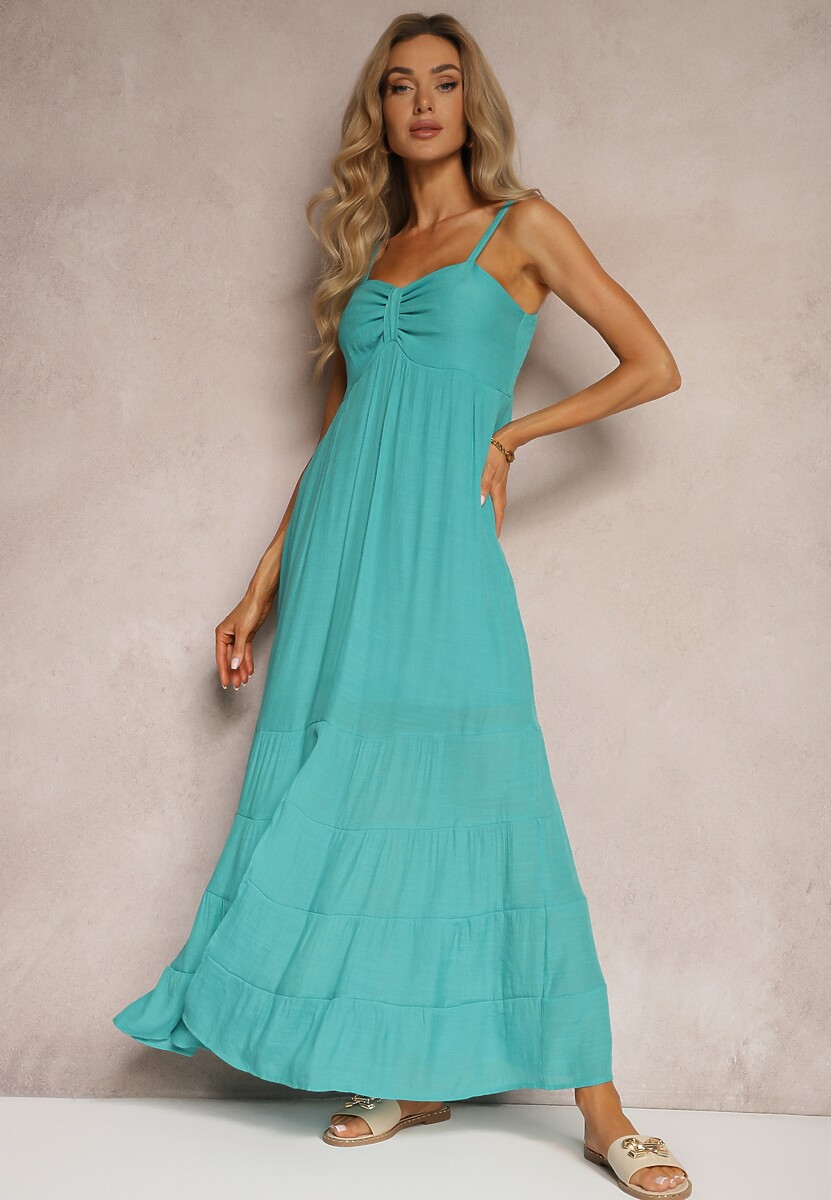 Miętowa Sukienka z Dodatkiem Bawełny na Ramiączkach z Regulacją oraz Gumką z Tyłu Tinanoras