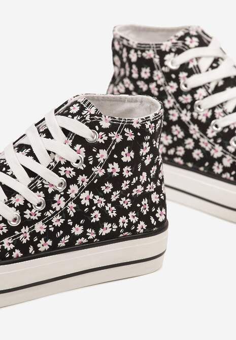 Czarne Trampki z Wysoką Cholewką Zdobione Kwiatowym Printem Folellia
