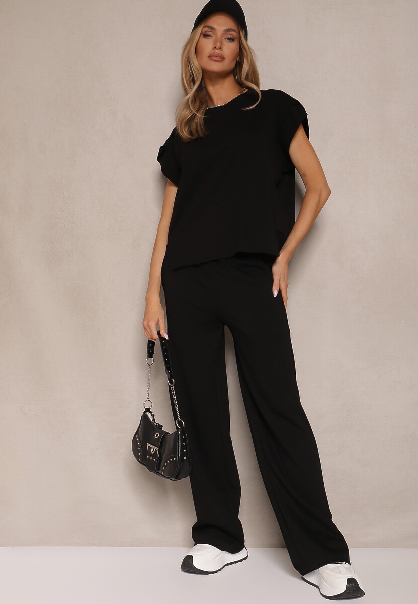 Czarny Bawełniany T-shirt z Rozcięciami przy Rękawach Katilana