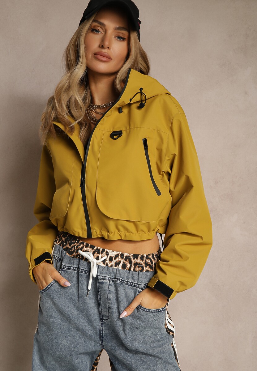 Żółta Kurtka w Stylu Oversize z Kapturem i Kieszeniami Lorlio