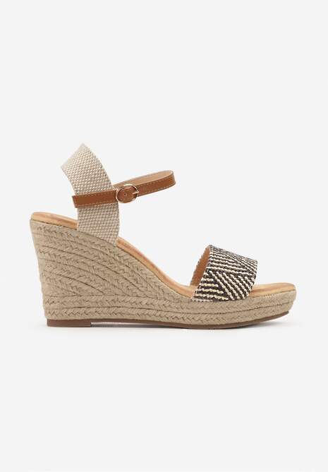 Brązowe Sandały na Koturnie z Plecionki ze Sprzączką przy Kostce Storea