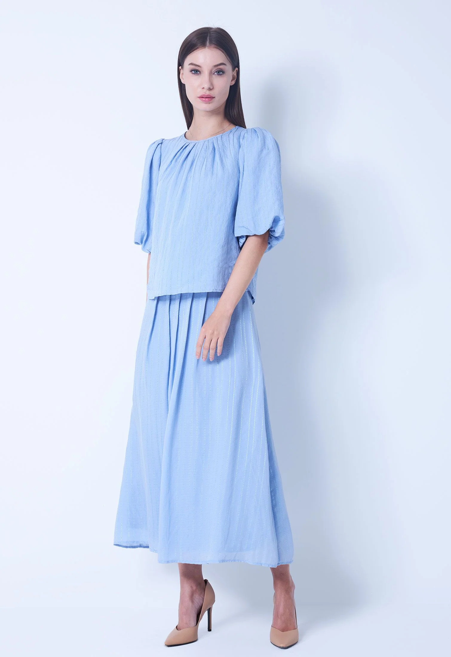 Thread Stripe Balloon Sleeve Top