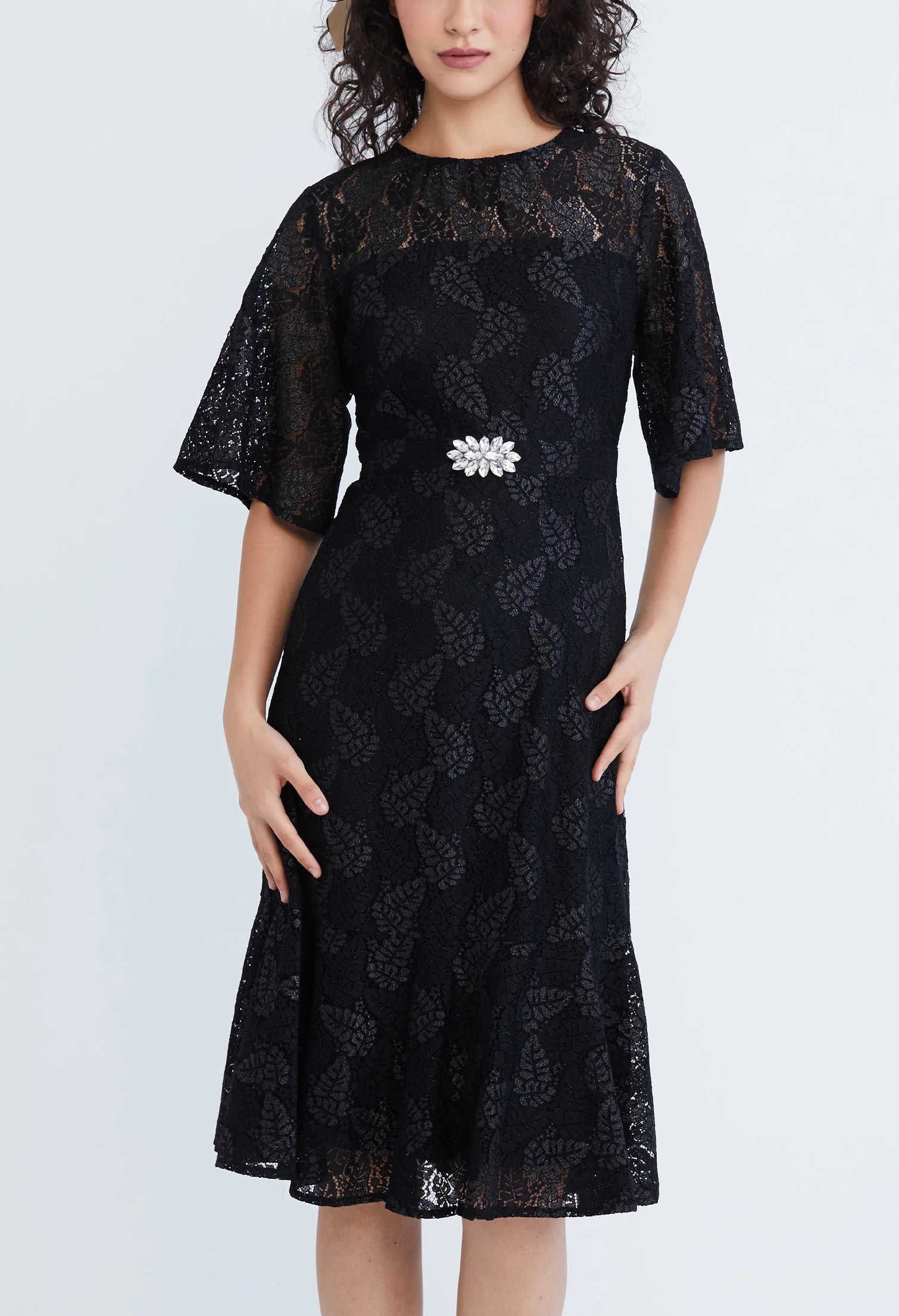 Lace Pearl Belted Cocktail Dress