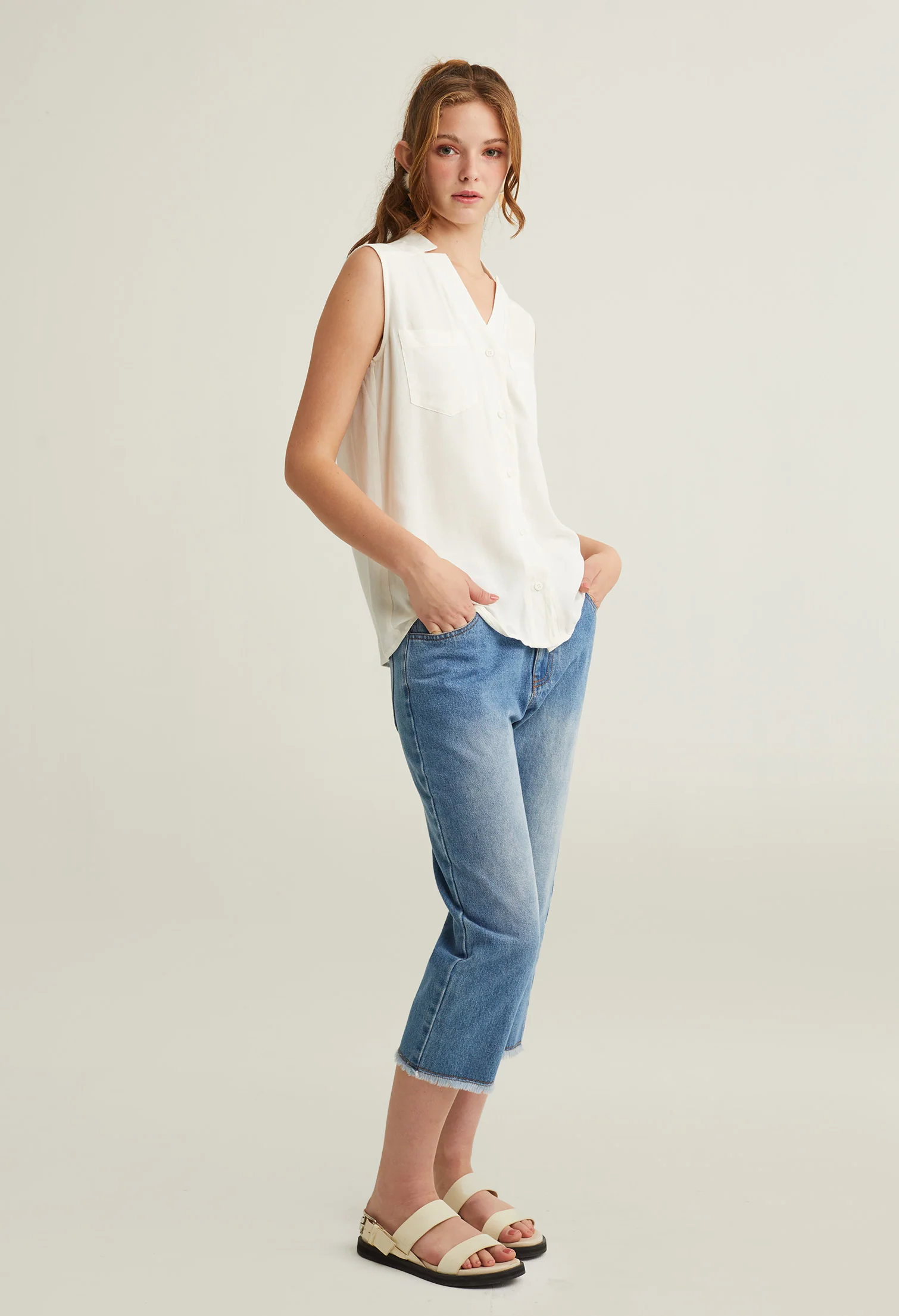 Button Up V-Neck Sleeveless Top