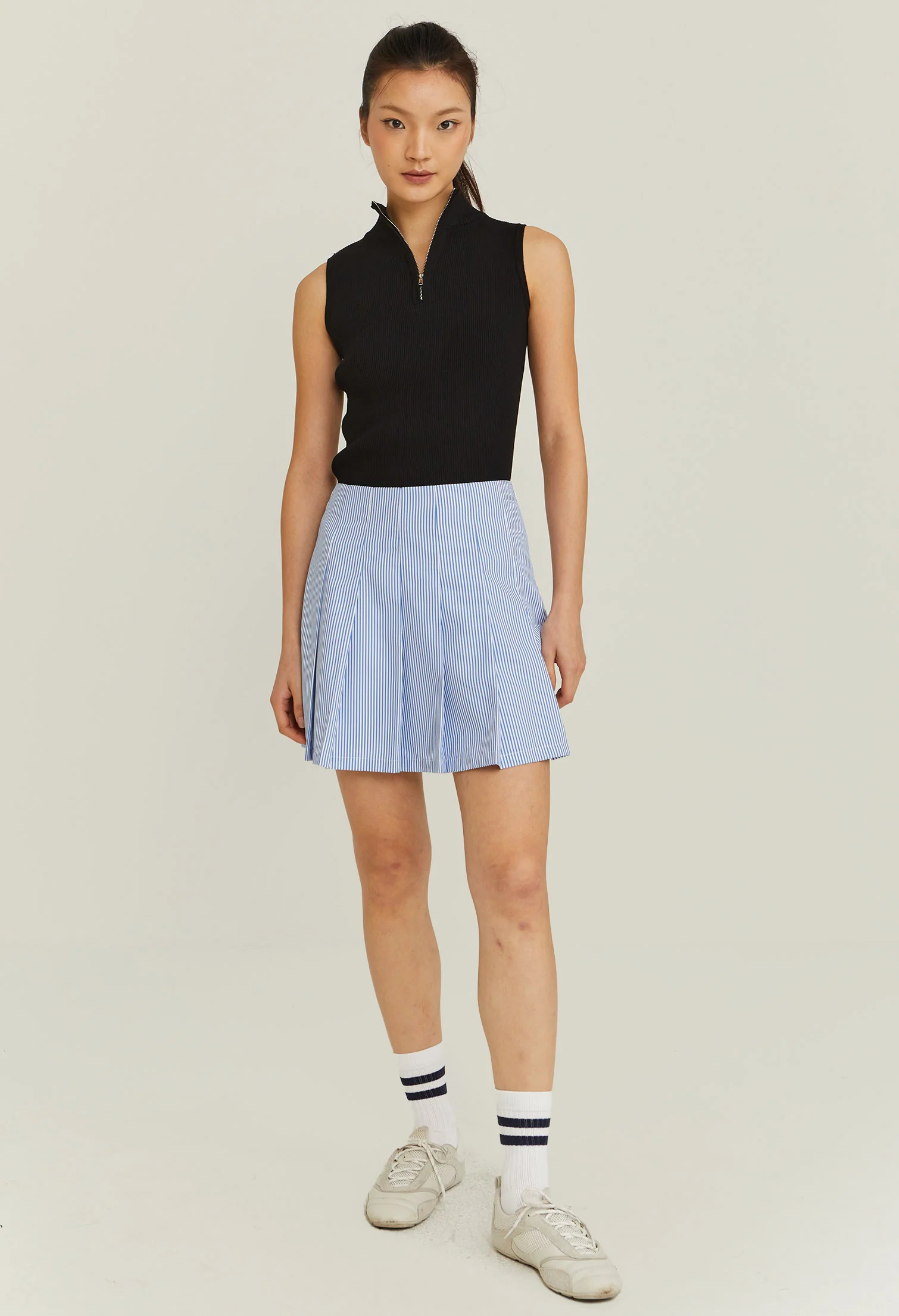 Pleated Pinstripe Panneled Skirt