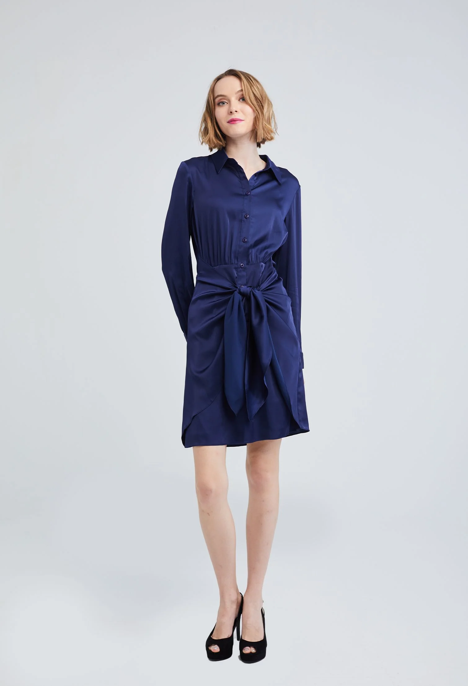 Satin finish Tie-front Shirt Dress