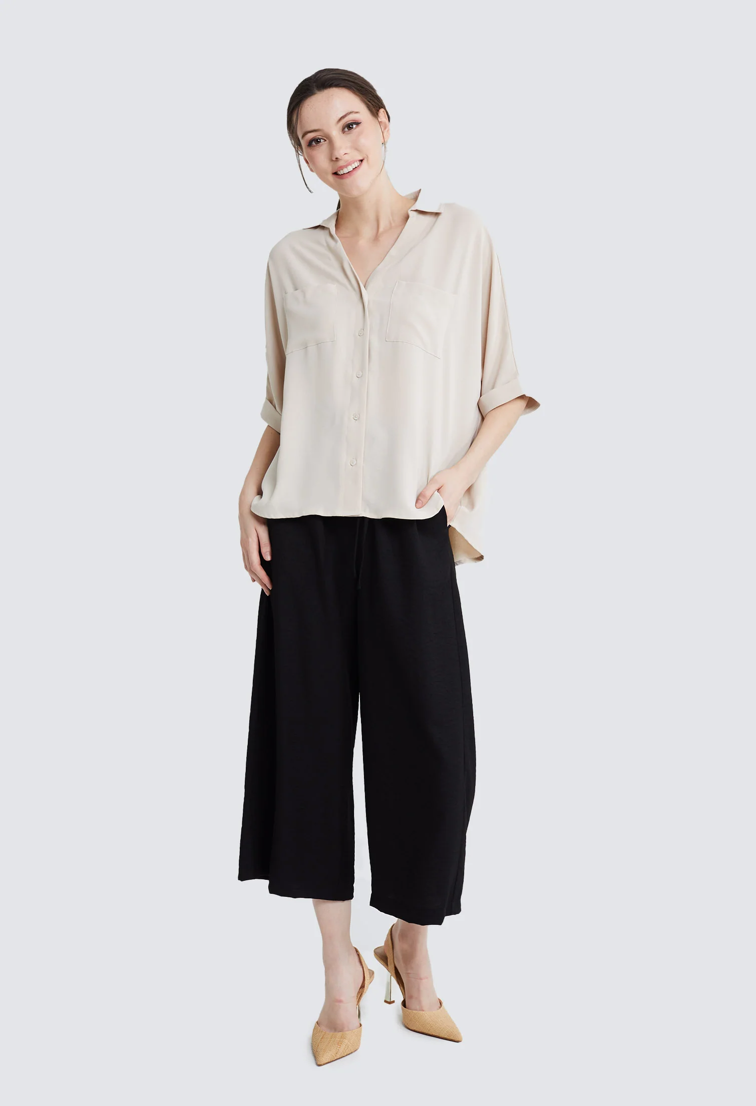 Casual Folded Cuff Sleeve Blouse