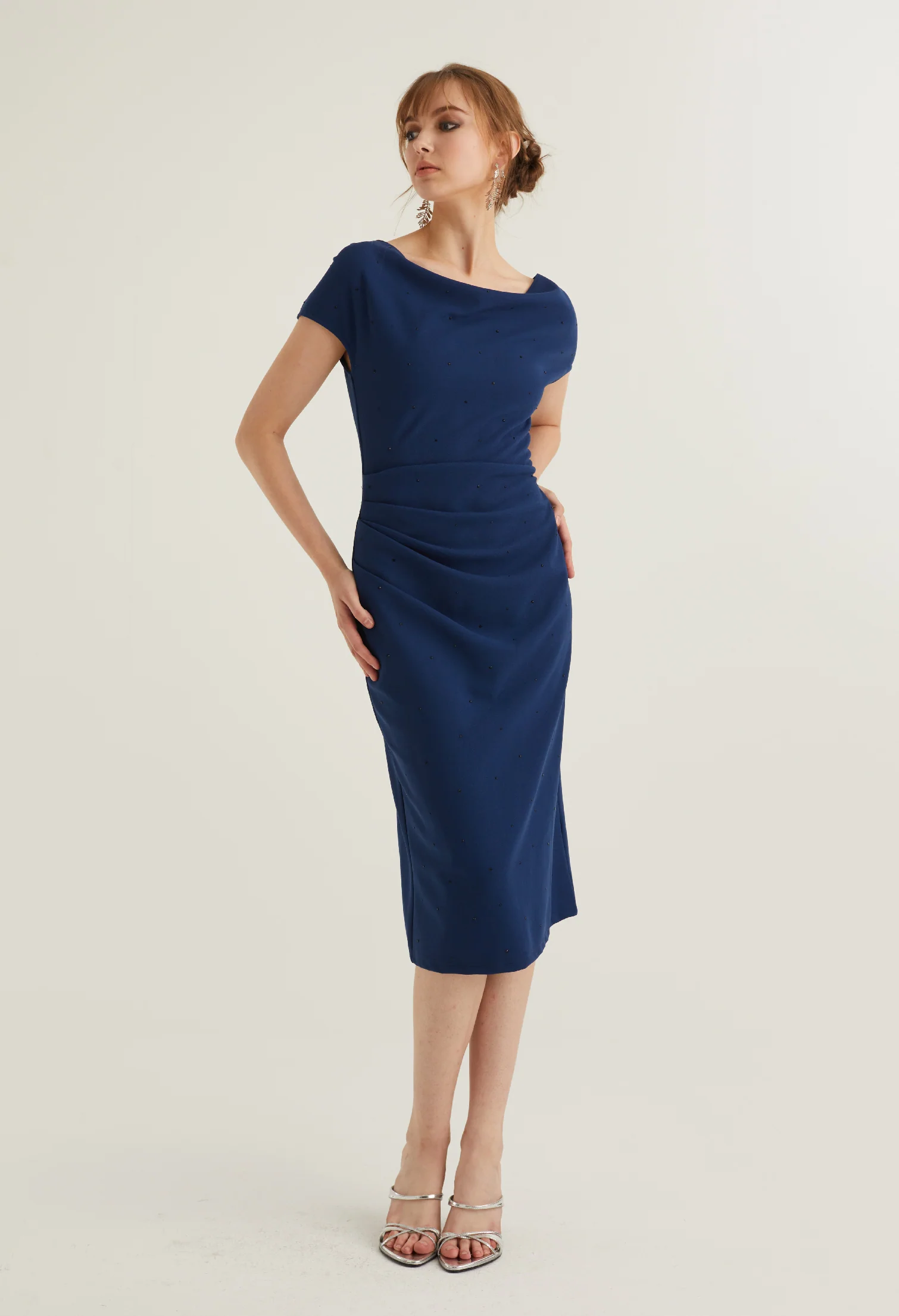 Cowl Neck Side Ruched Midi Dress