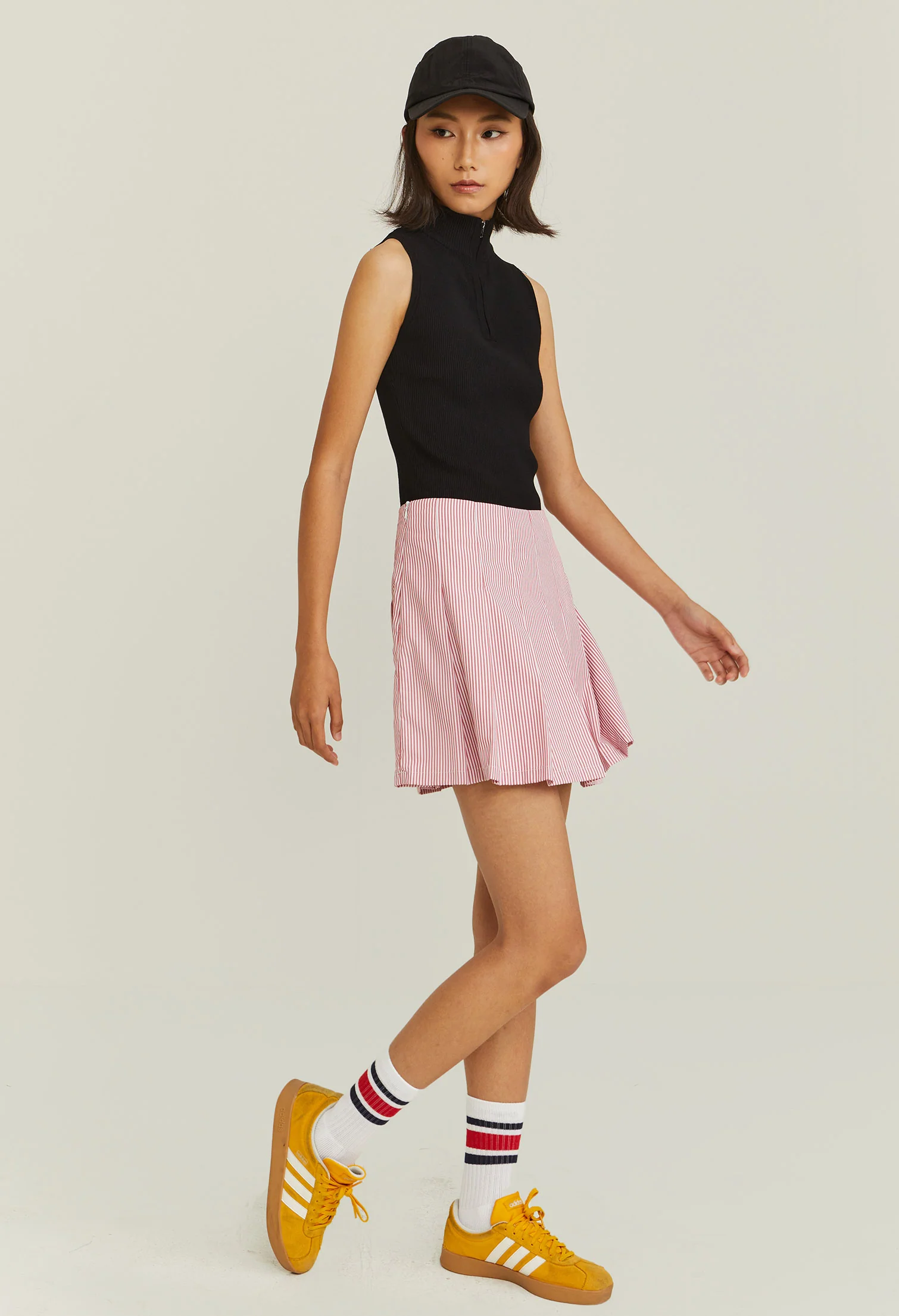 Pleated Pinstripe Panneled Skirt