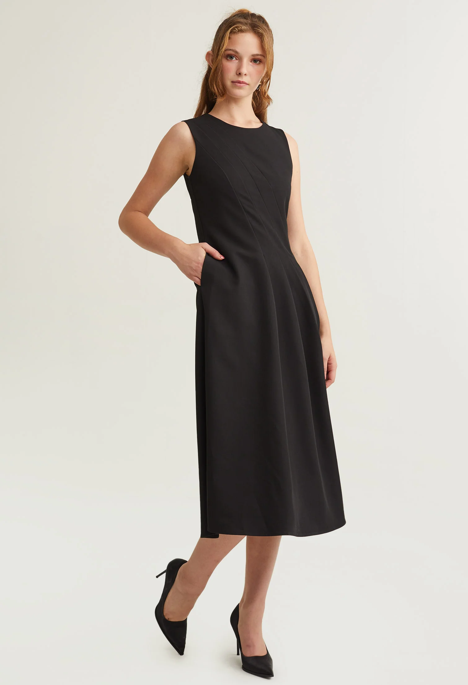 Pleated Cinched Waist Sleeveless Midi Dress