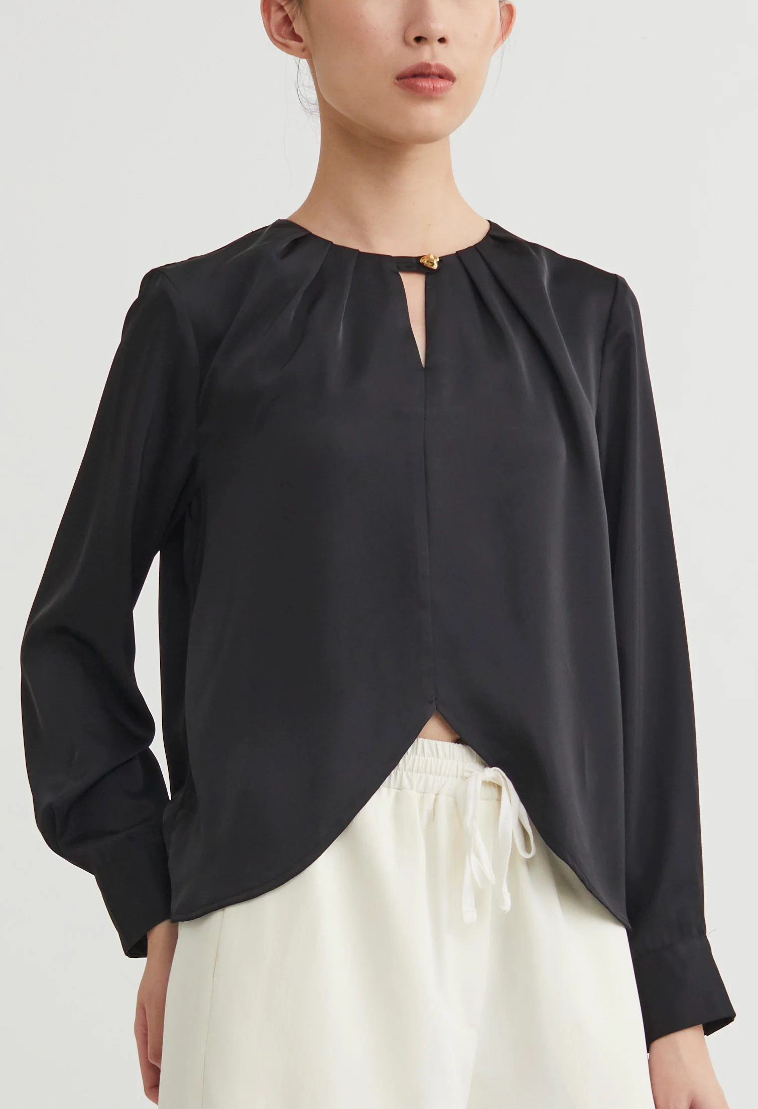 Curved Crop Hem Eyelet Blouse