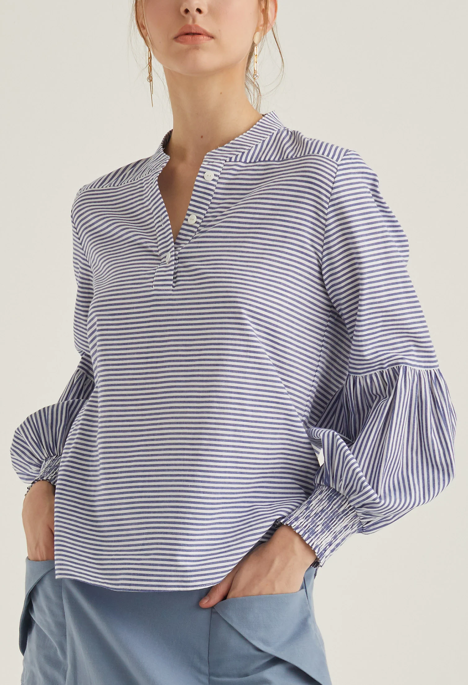 Balloon Sleeve Striped Blouse