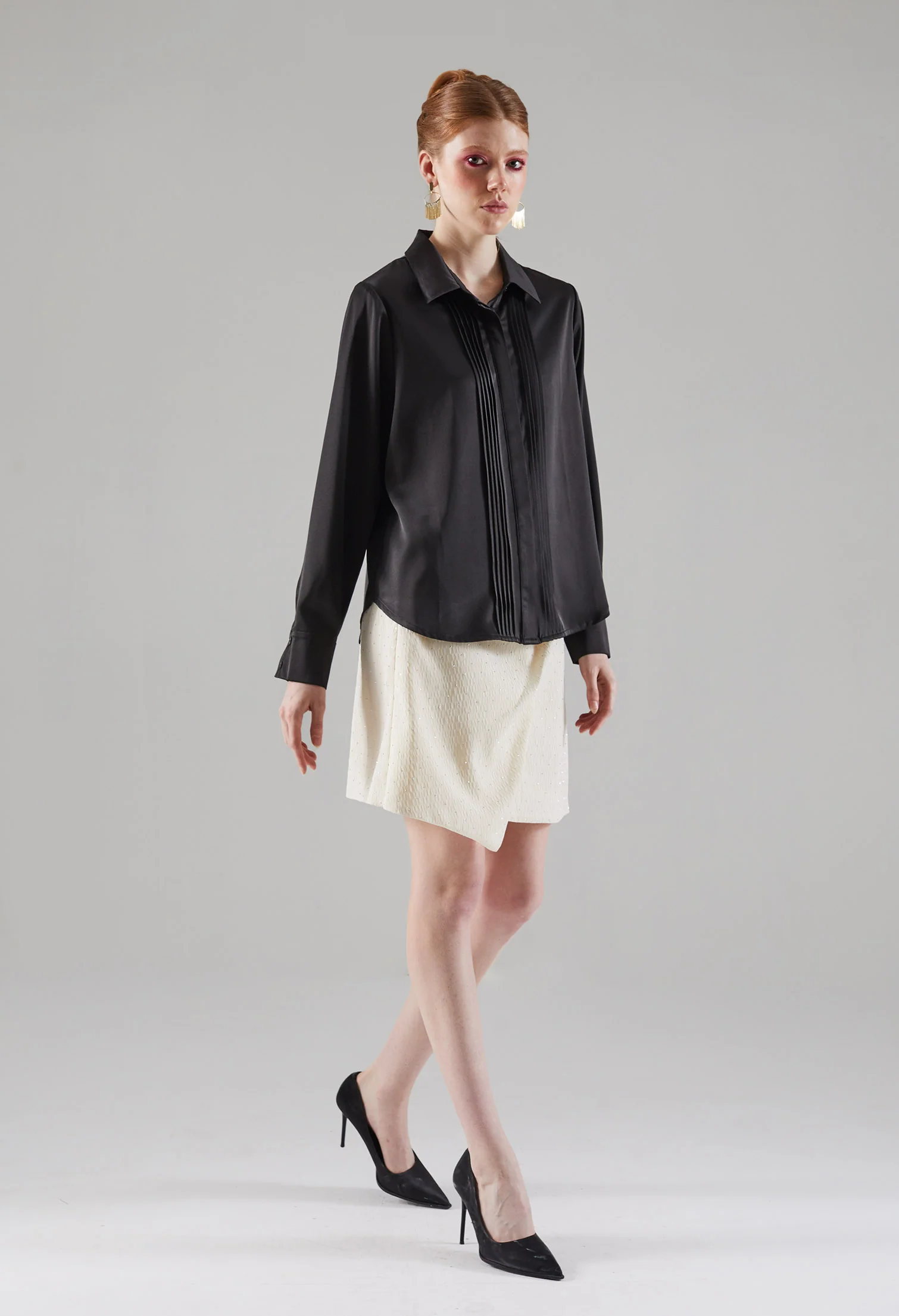 Stellar Pleated Chest Button-Up Blouse