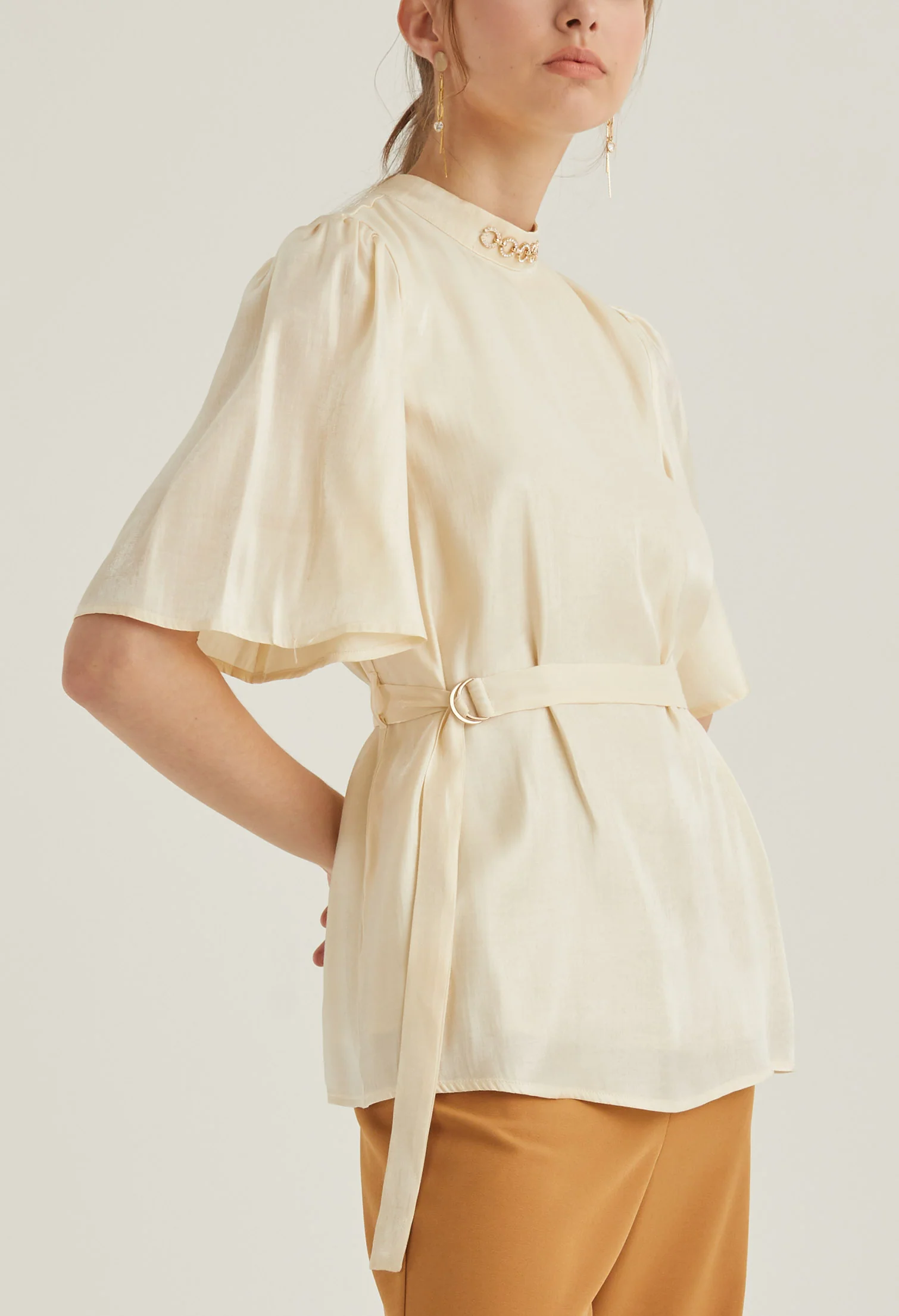 Mock Neck Belted Blouse