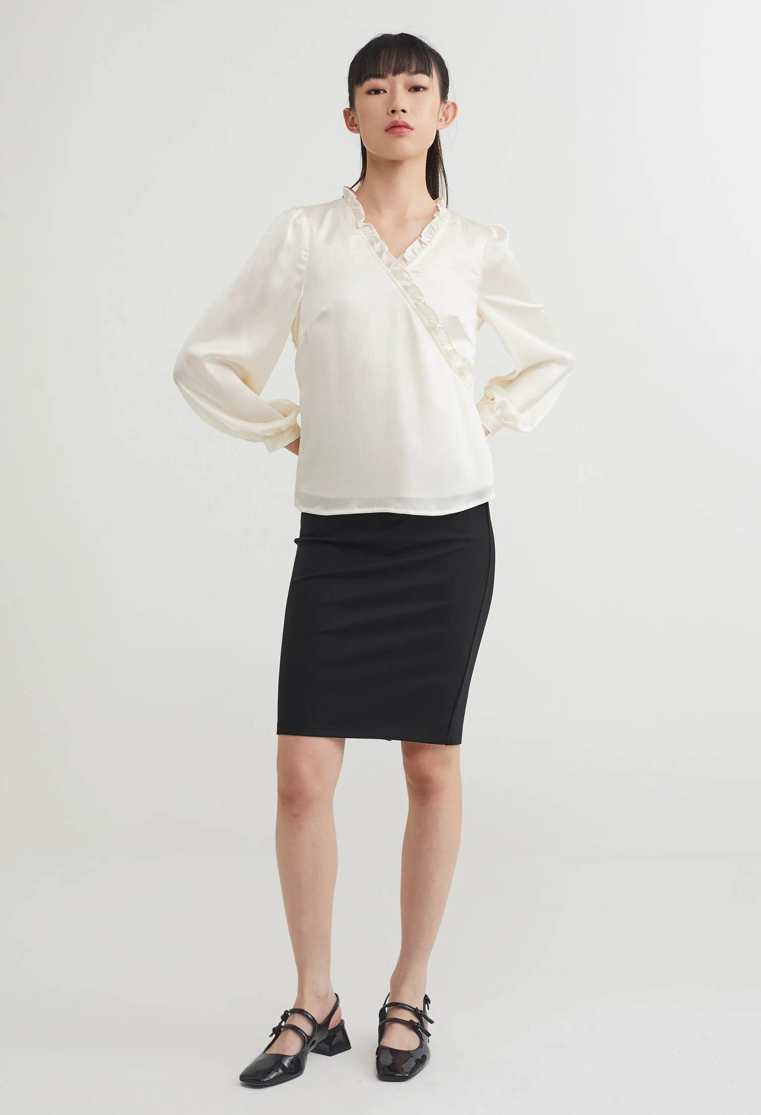 Ruffled Faux Wrap Long Sleeve Blouse