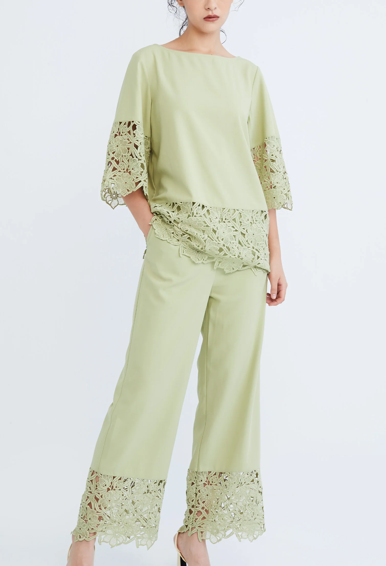Peekaboo Guipure Lace Hemmed Straight Cut Pants