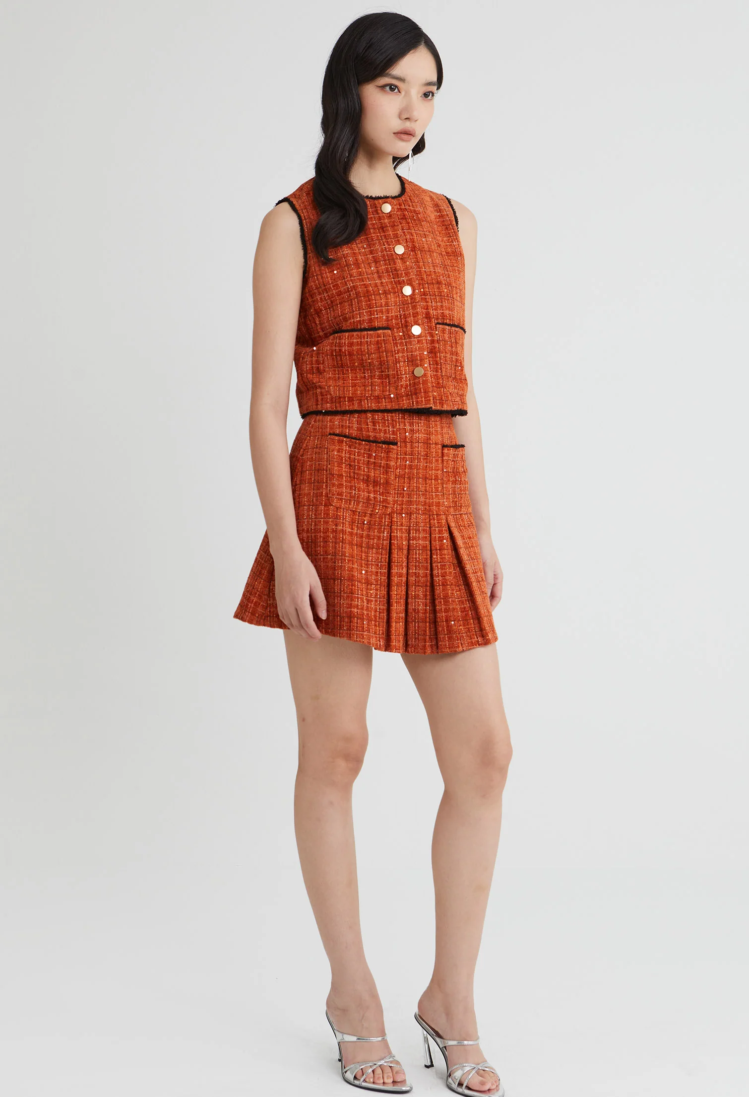 Tweed Charm Buttoned Sleeveless Top