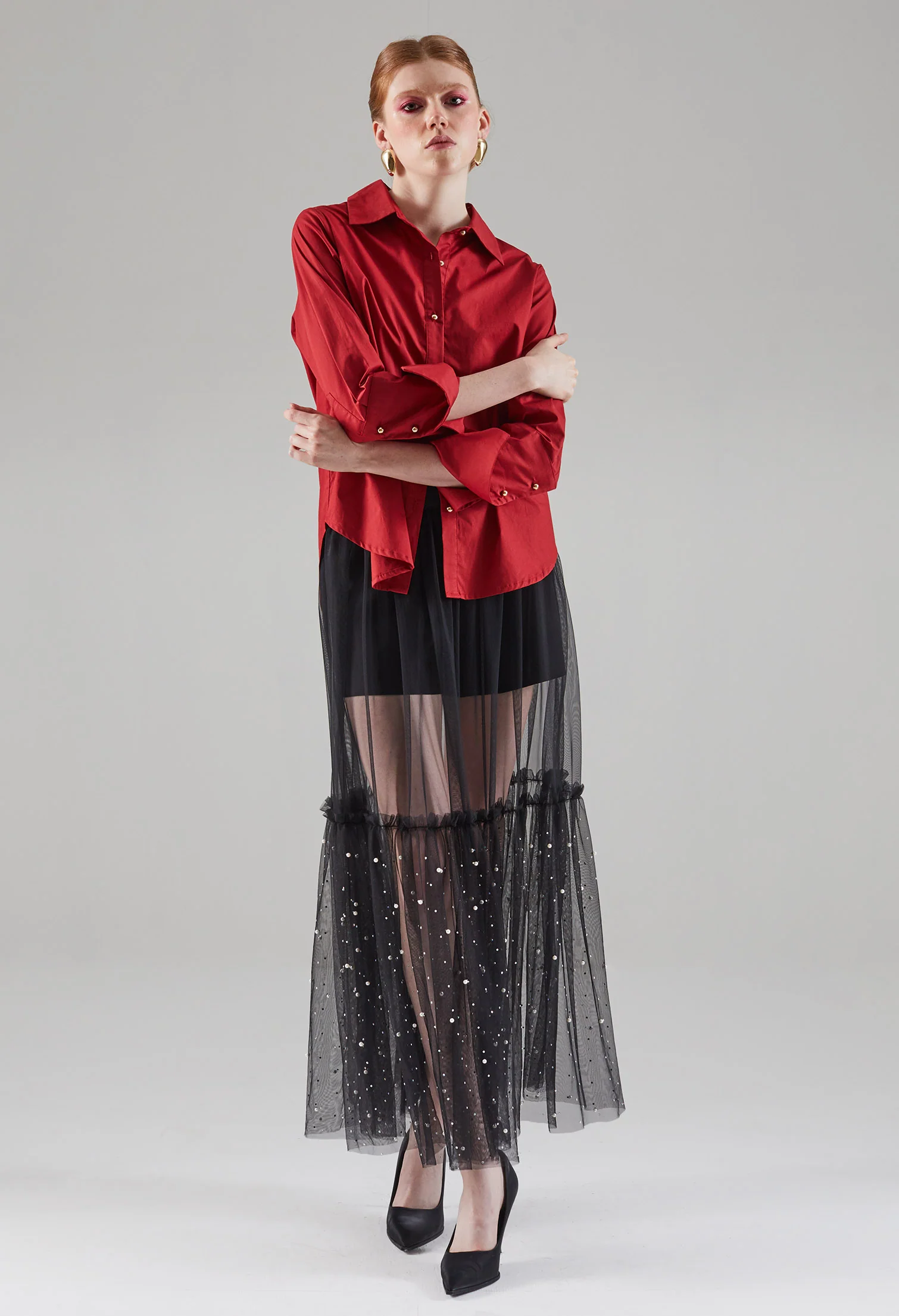 Slick Metallic Button Blouse