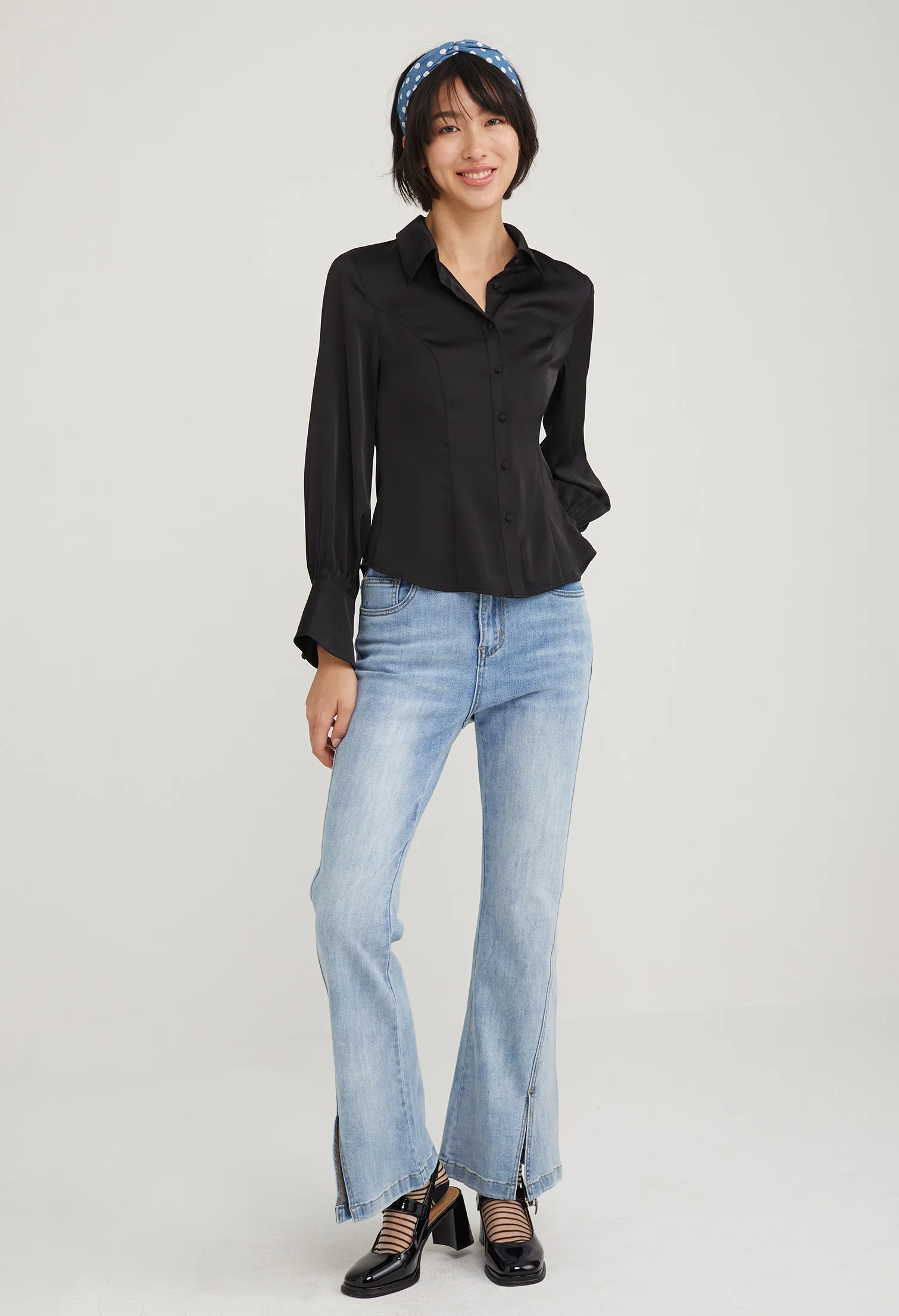 Satin Fitted Petal Sleeve Blouse