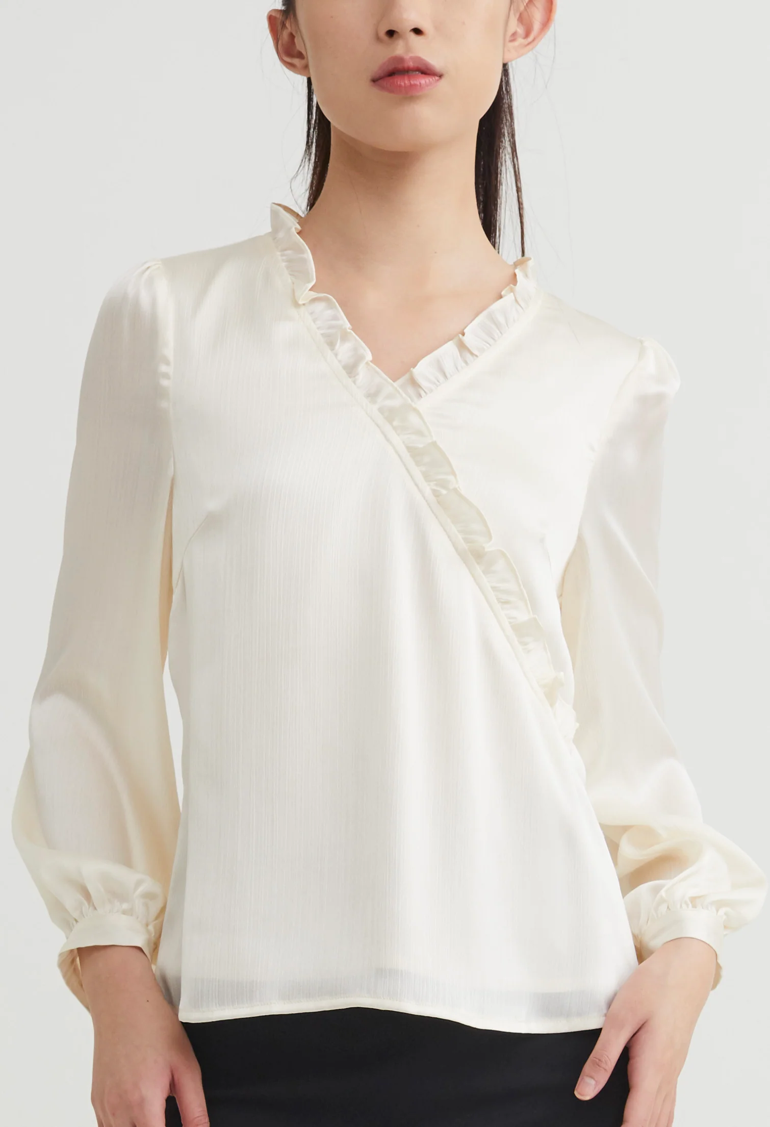 Ruffled Faux Wrap Long Sleeve Blouse