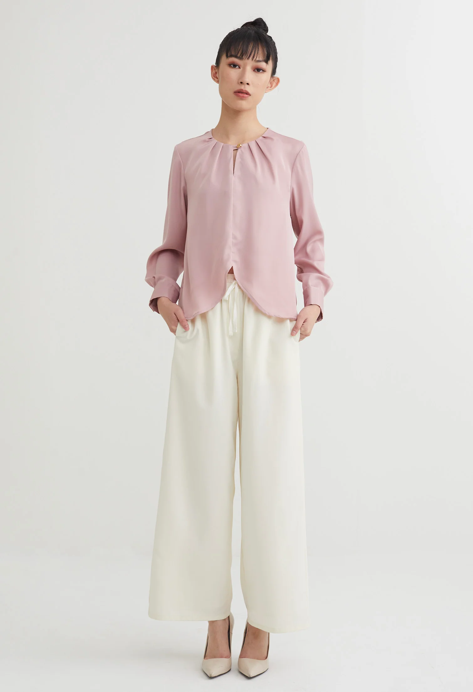 Curved Crop Hem Eyelet Blouse