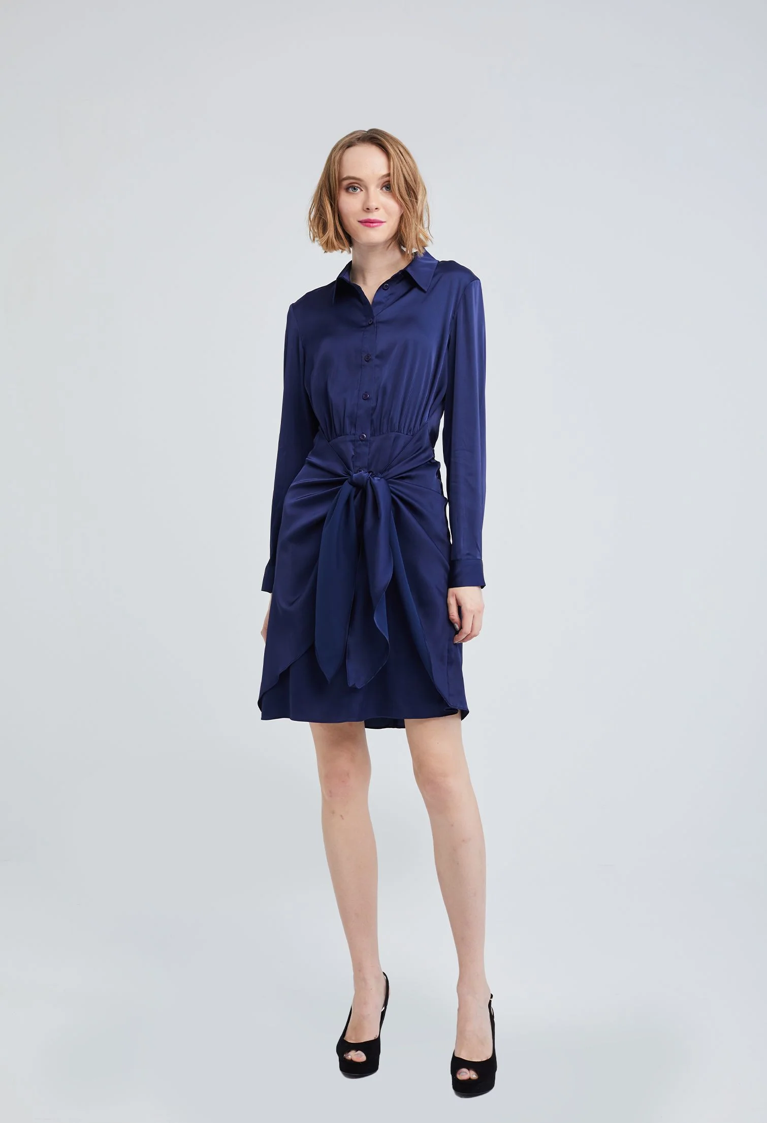 Satin finish Tie-front Shirt Dress