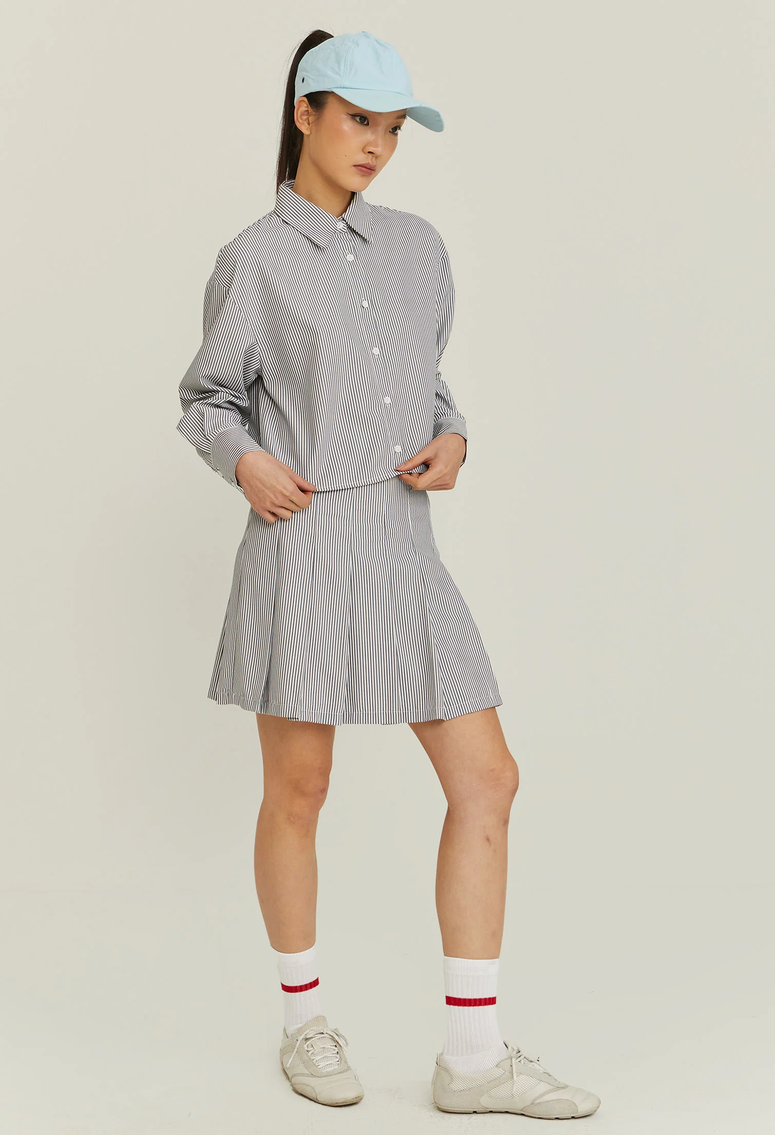 Pleated Pinstripe Panneled Skirt