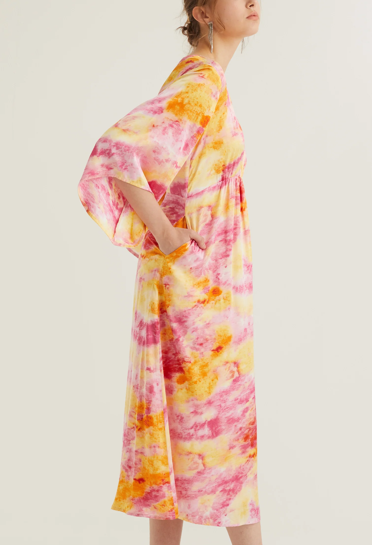 Watercolour Bell Sleeve Midi Dress