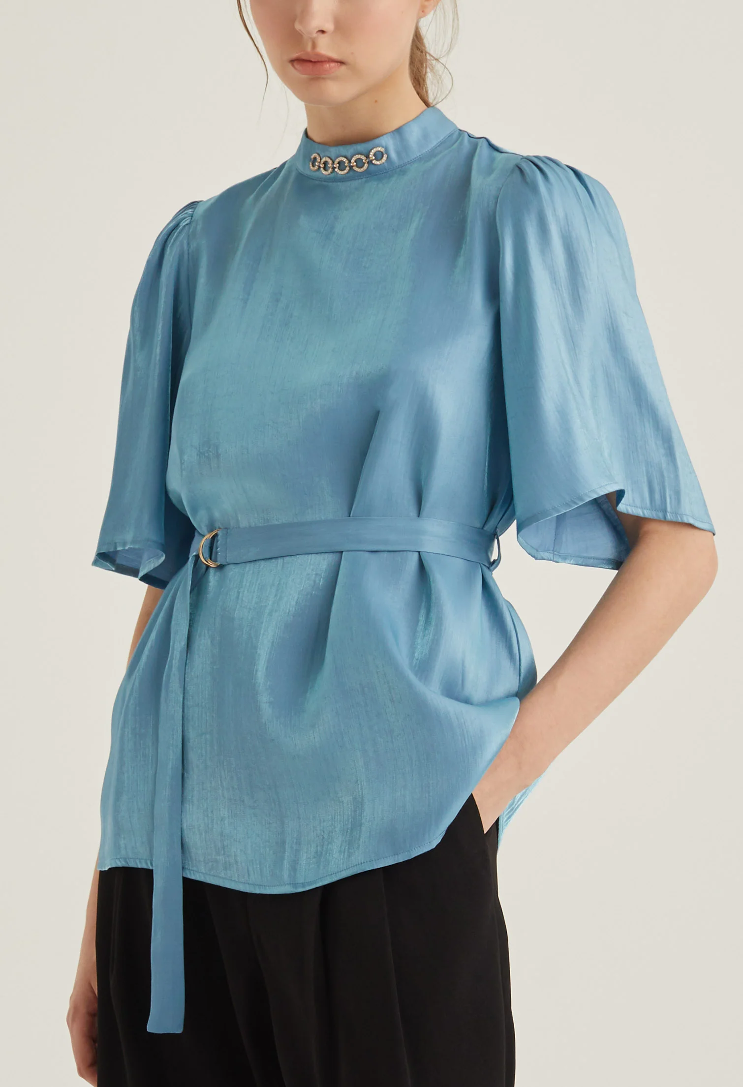 Mock Neck Belted Blouse