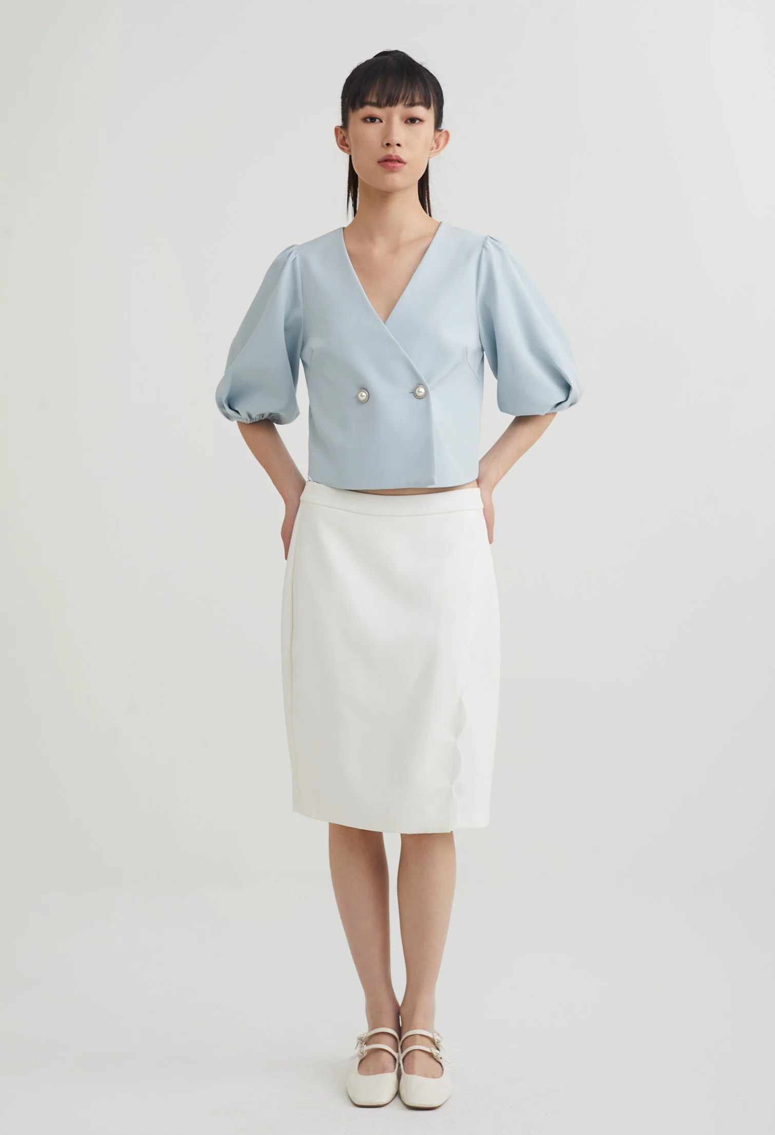 Double Breasted Balloon Sleeve Blouse