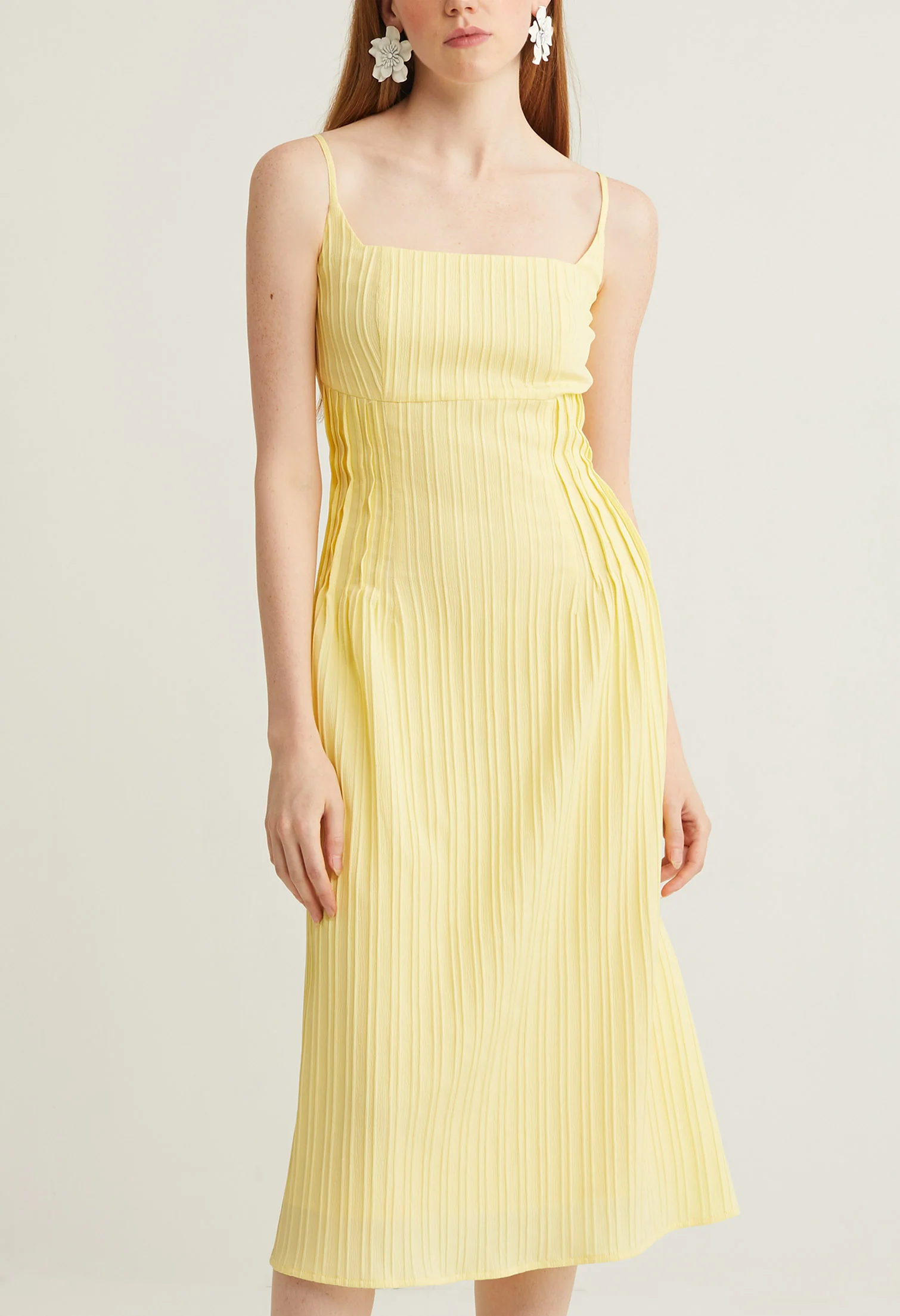 Squared Neck Pleated Midi Dress