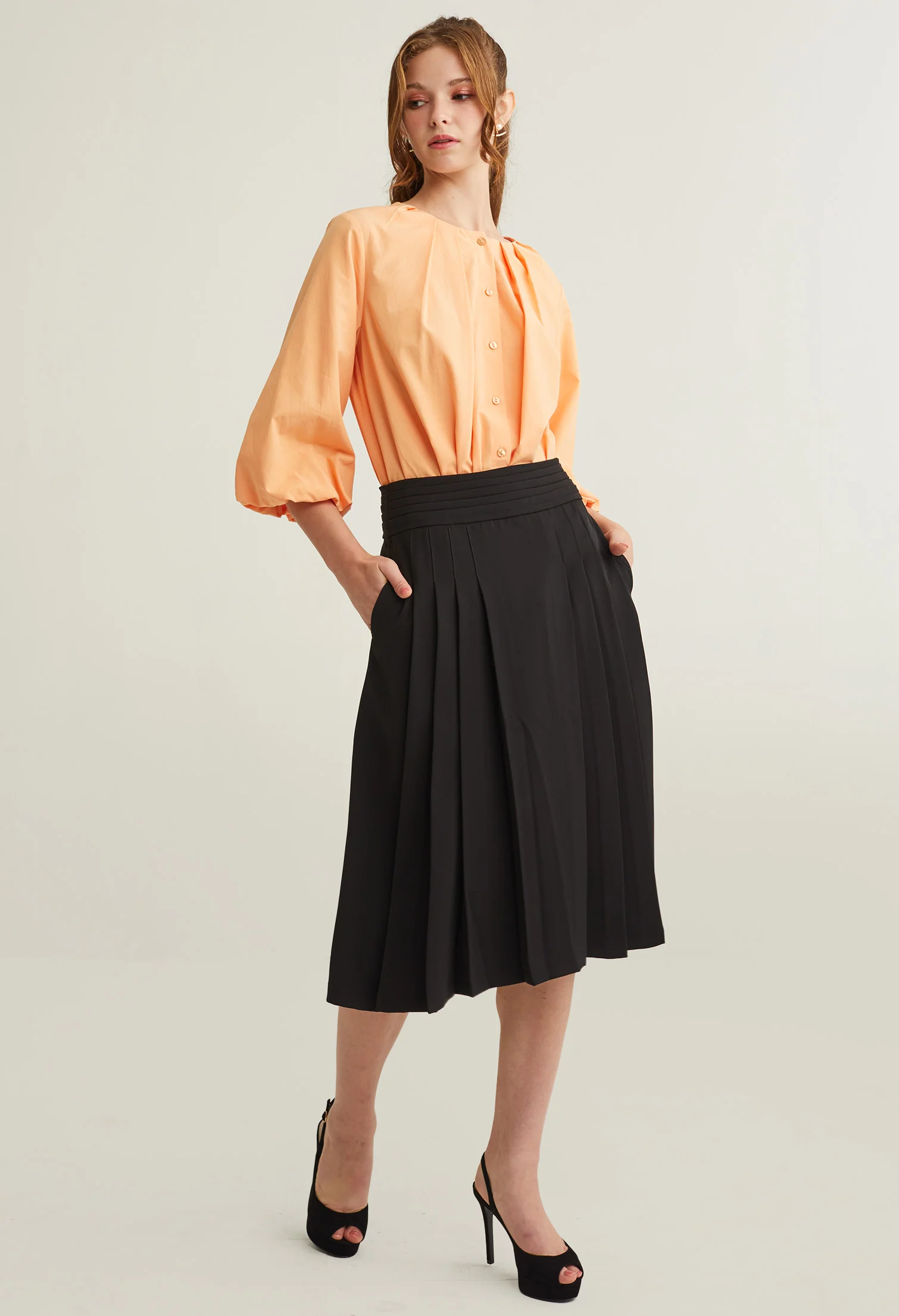 Classic Pleated A-Line Midi Skirt