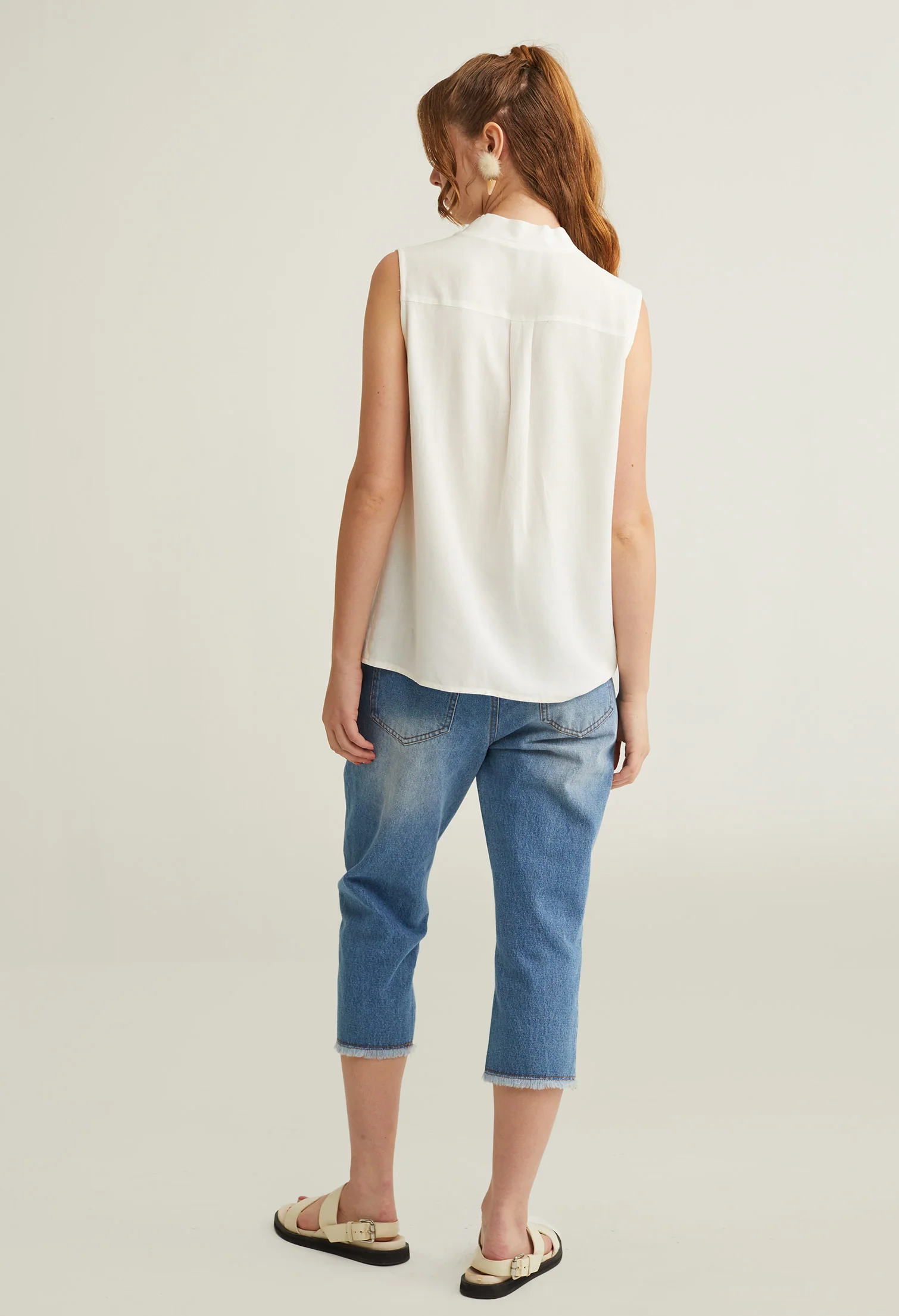 Button Up V-Neck Sleeveless Top
