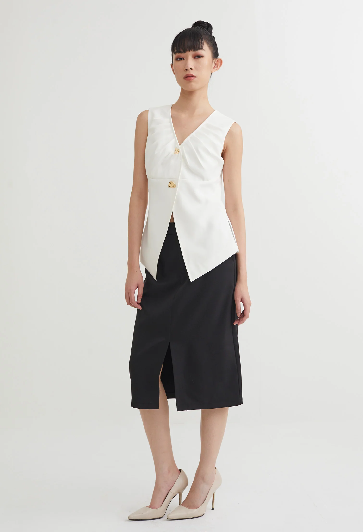 Double Buttoned V-Neck Ruched Vest